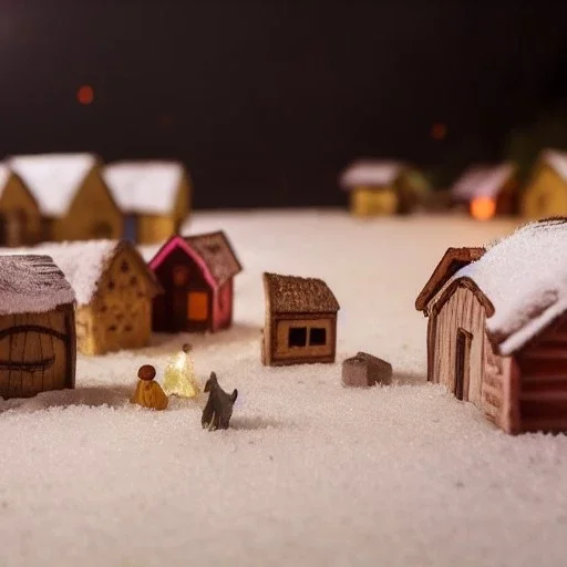 tiny fantasy farming village at night with wooden buildings in winter moonlight