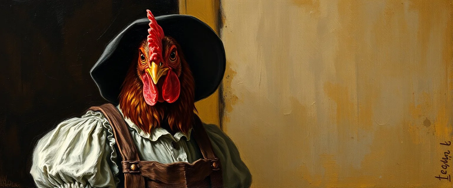 amish hen dressed in amish outfit, painted with oil paint by rembrandt