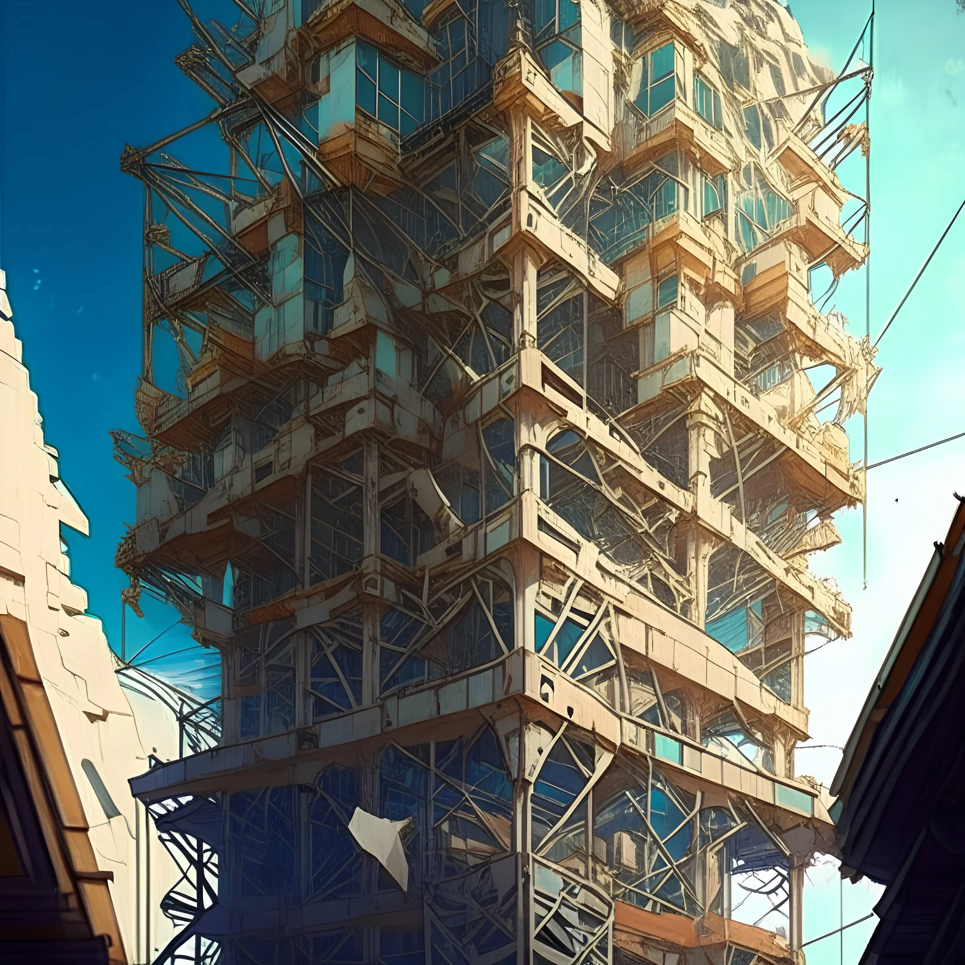 epic, anime style, high detail, no people a strange fnatasy building work in progress scaffolding