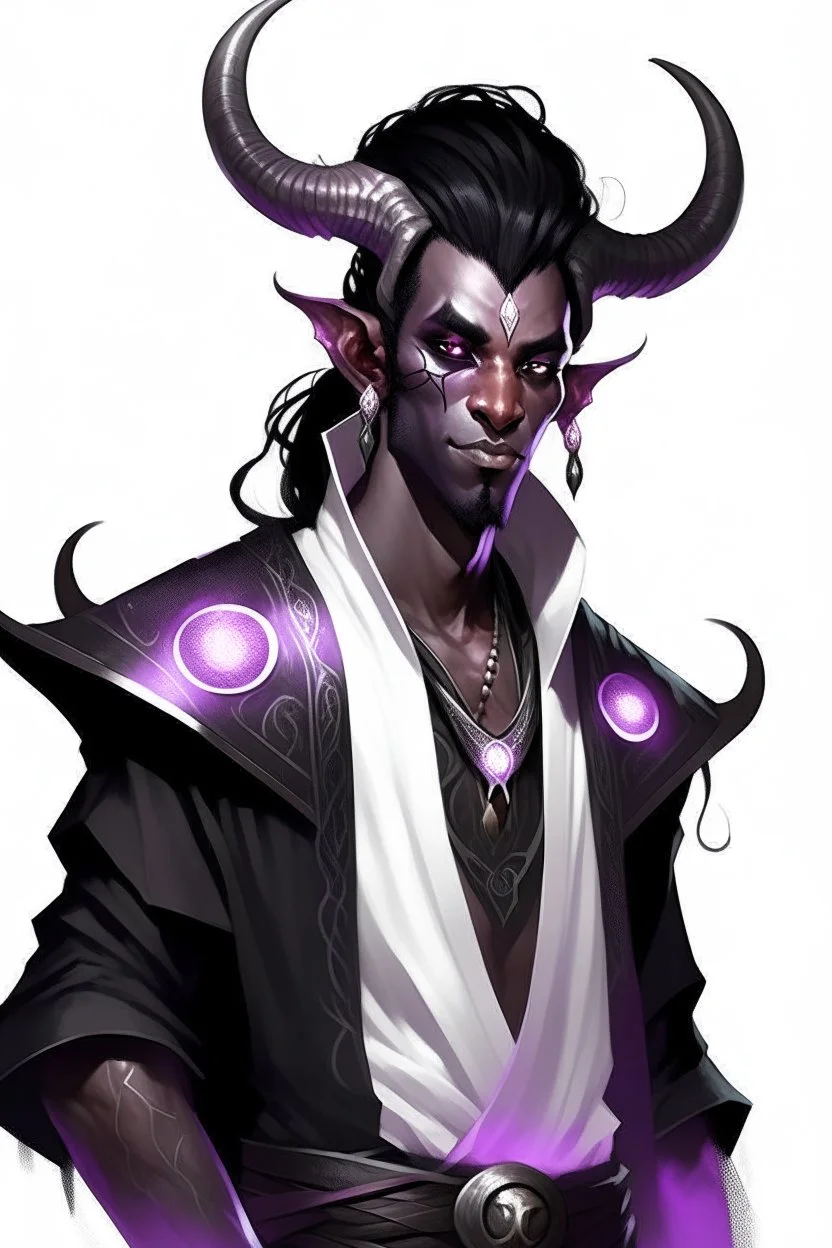 En Young male Black skin black hair tiefling White Wizard with large Black horns with a bit of Purple horns same size going from the front to the back. glowing Silver and White symbols