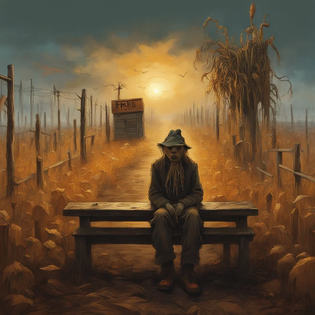 Autumnal sunset over an entrance to a tall corn maze, creepy scarecrow busker slumped on bench, old wooden sign reads "FREE", by Dave McKean, by Simon Stalenhag, by Godmachine, by Jeremy Mann, hyperdetailed oil matte painting, surreal horror art, warm autumnal colors.