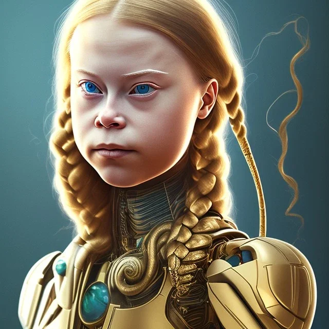  Greta Thunberg cyborg, Golden hair, sexy, perfect, real, dream ,snake goddess