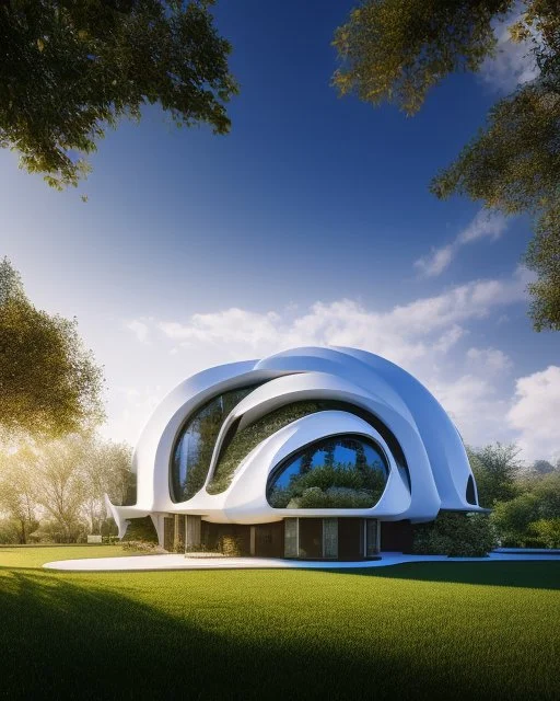 Villa on the mountain egg shaped architecture Zaha Hadid trees people summer weather clouds hyper realistic 8k