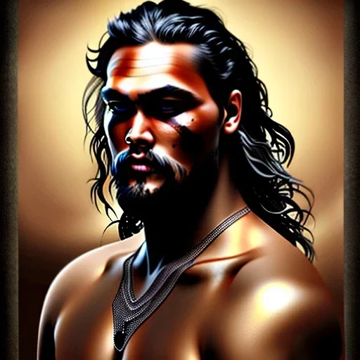 Portrait Jason momoa, torse nu, sur une girafe ,