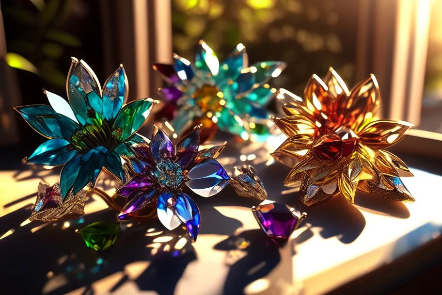 Coloured glass flowers set with gemstones, glittering metal stems and gemstone leaves on a room table sharp focus elegant extremely detailed intricate very attractive beautiful dynamic lighting fantastic view crisp quality exquisite detail in the sunshine gems and jewels