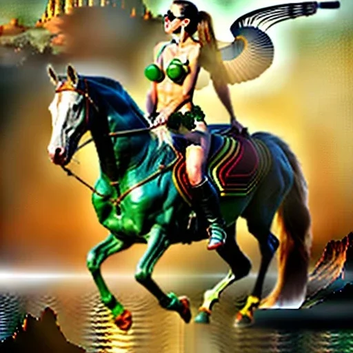 fullbody portrait of beautiful busty amazon woman with big green eyes riding a horse by Luis Ricardo Falero 8k