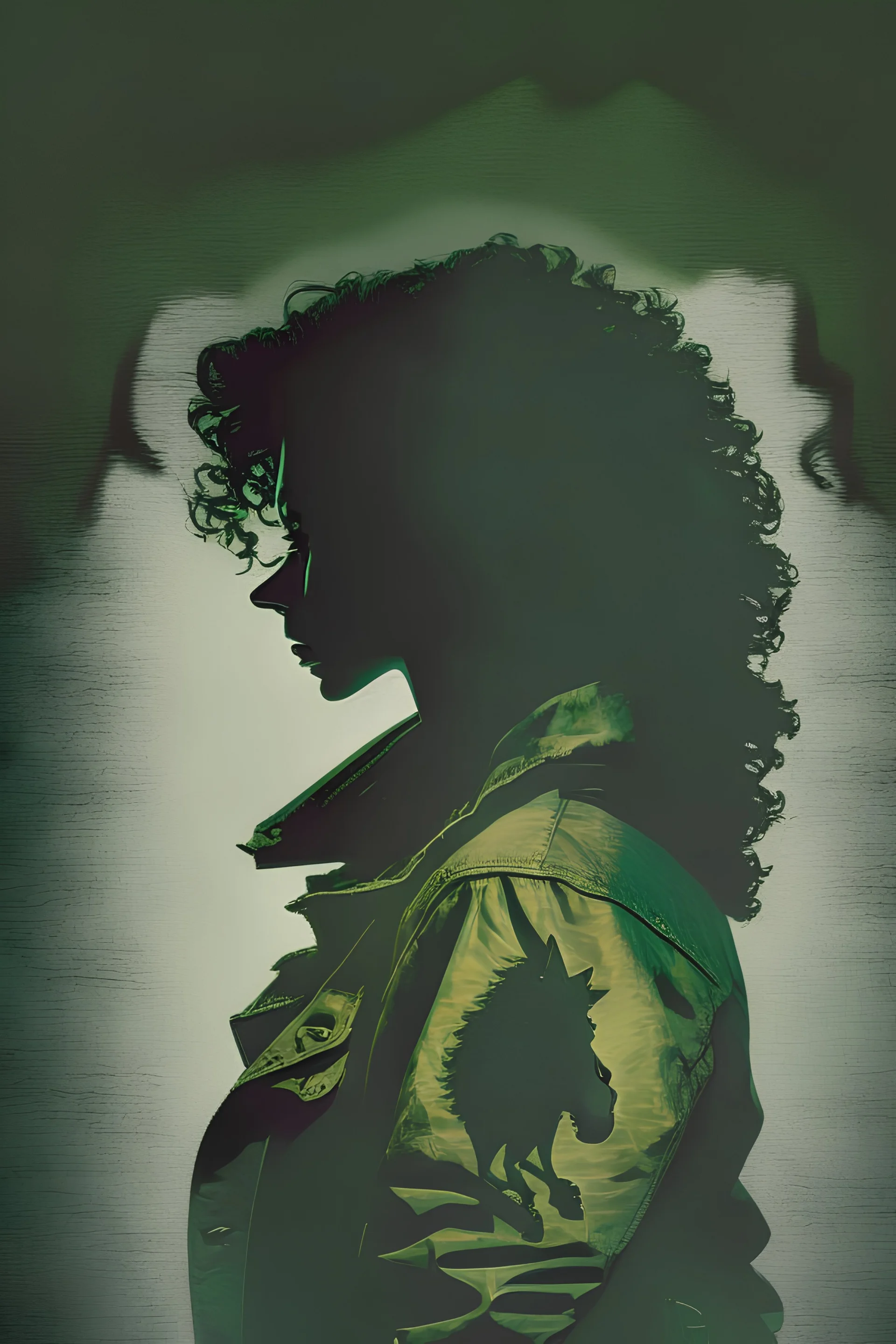 A dark, moody cover featuring a silhouette of a woman with curly hair wearing an old green army jacket, with the shadow of a wolf lurking behind her.