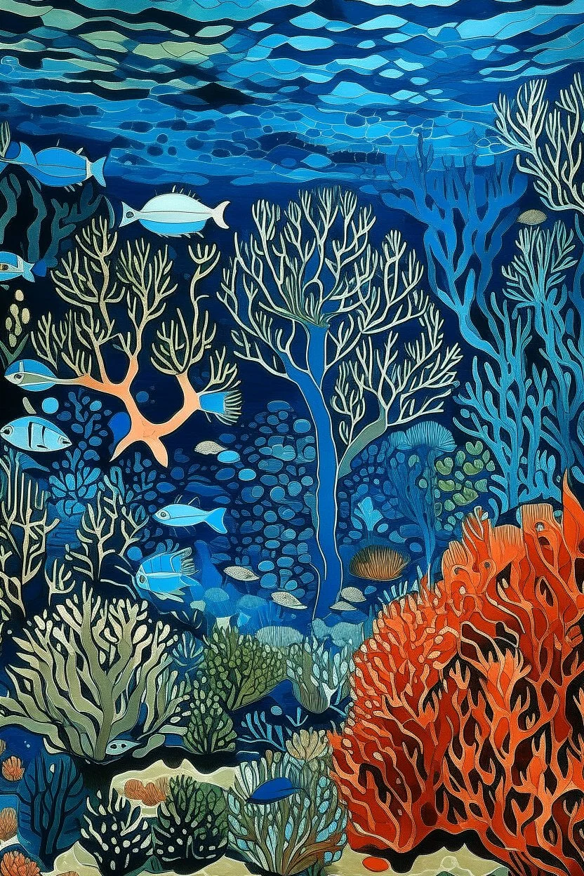 An indigo underwater coral reef designed in Australian aboriginal art painted by Frank Lloyd Wright
