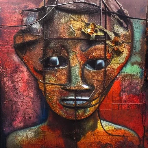 an abstract painting of rusted metal and flowers, african mother nature ,rust, scaffolding, iron cladding, decay, mixed media, textured, anatomically correct, beautiful perfect face, sharp focus, highly detailed