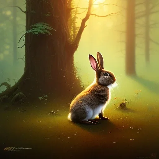 frank frazetta style, cute bunny in the forest clearing