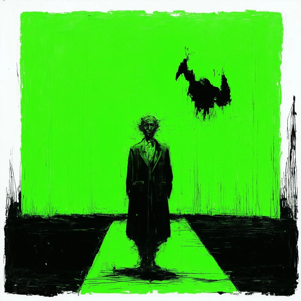 Negotiating dream frequencies, creeping absurdity, by Gabriel Pacheco, by Colin McCahon, by zdzislaw Beksinski, ink illustration, Green and black color scheme, unsettling abstract art