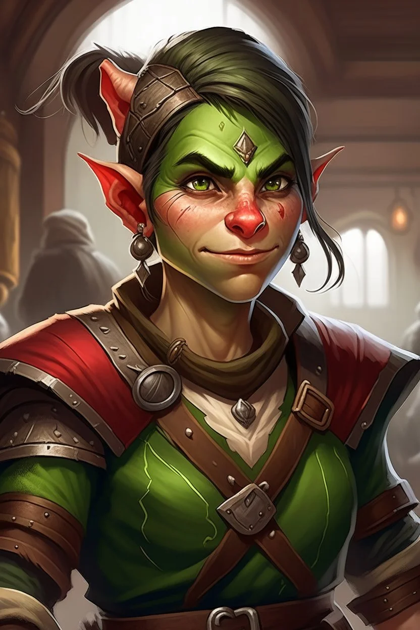 Dungeons and dragons orc tomboy. She has green skin and pointy ears. She is kind. She is handsome. She has nice eyes. She has short hair. She is strong. She is in a tavern. She has broad shoulders. She has a large jaw. She has small tusks and a wide smile. Realistic style