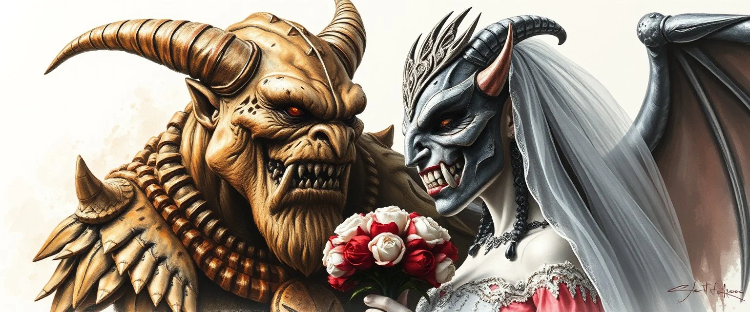 balrog and bride , airbrush and pen outline