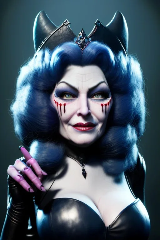 Mae West as evil queen in black leather, leather, busty, cleavage, angry, stern look. character design by cory loftis, fenghua zhong, ryohei hase, ismail inceoglu and ruan jia. unreal engine 5, artistic lighting, highly detailed, photorealistic, fantasy