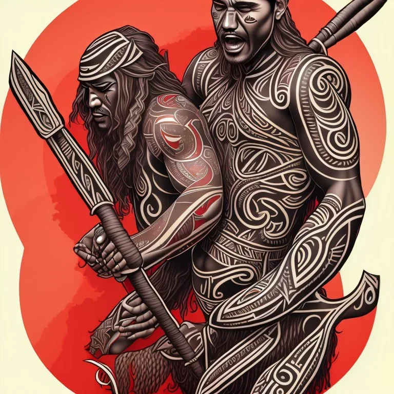Homme Maori, tatouages tribaux maoris, arc à flèches, océan, lune rouge