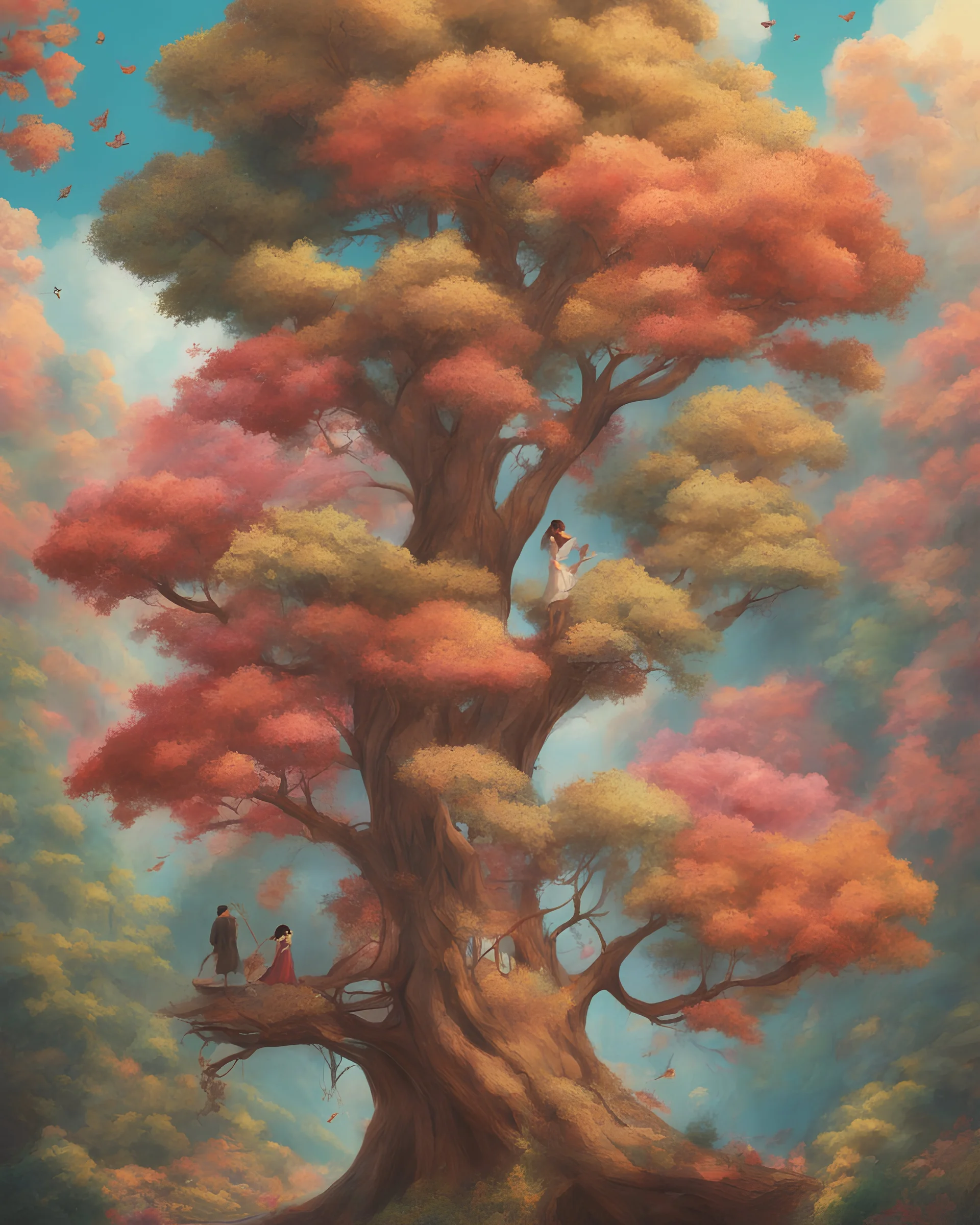 Love grows in me like a tree, portrayed in a Pixar 3D art form. Inspired by the whimsical style of Hayao Miyazaki, envision a lush, enchanted forest where heart-shaped leaves bloom on intertwining branches. The color palette is vibrant, with warm hues dominating the scene. Characters wear expressions of joy and serenity, illuminated by soft, dappled sunlight filtering through the foliage. The atmosphere exudes a magical and harmonious love