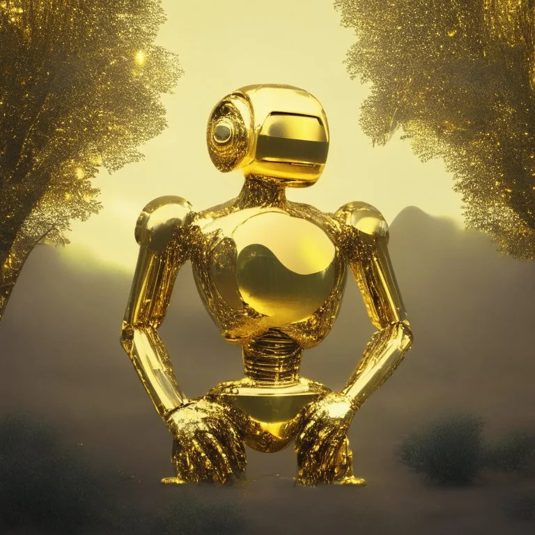 nature , a golden robot , a disco ball