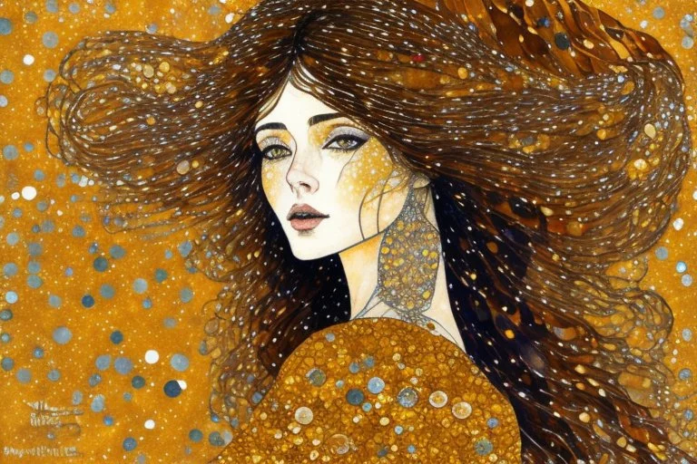 Dynamically dancing long haired brunette woman, in Klimt style, in ochre, watercolor and ink, golden glitters