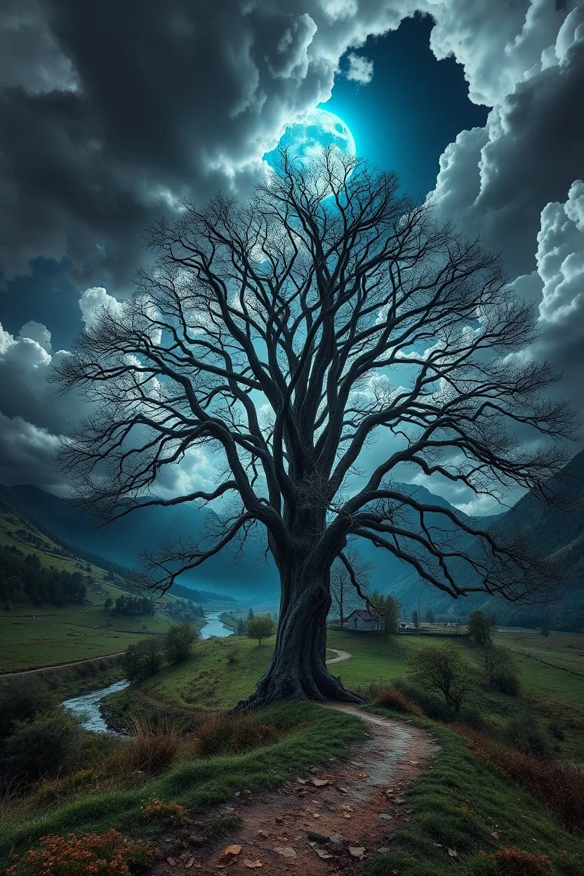 Ground level view of a dramatic storm clouds and blue moonlight glow on an aesthetic remarkable old white oak tree, river, winding path, remote village & mountains, by tomasz allen kopera, dariusz zawadzki, andreja peklar, ivan shiskin, beautiful, colorful, cosmic, ray tracing, sharp focus, hyper detailed,hyper realistic, 50mm prime lens, Rendered in Cinema 4D, awestruck, intricate, lightning,