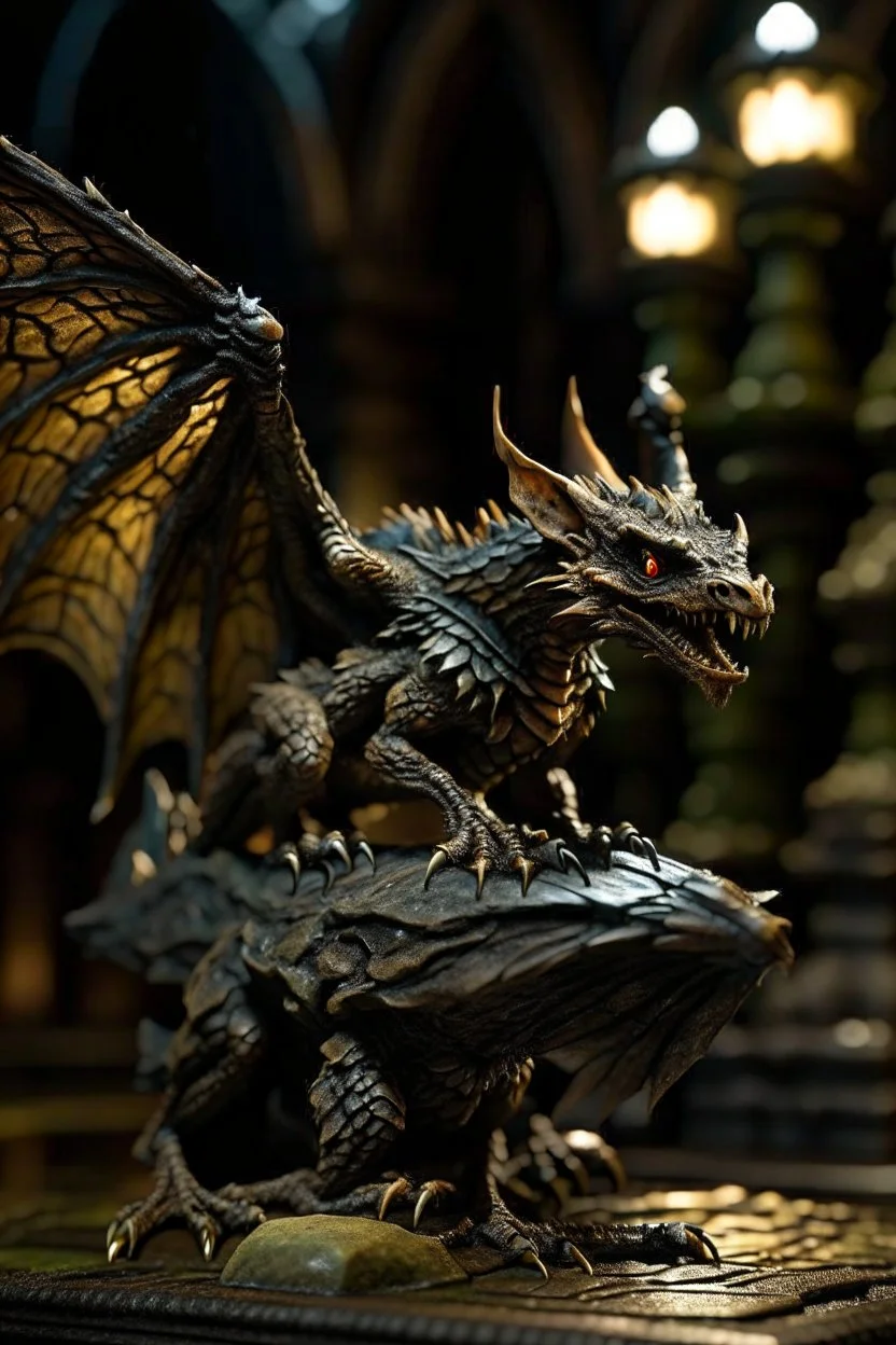 terrifying winged rat dragon hovering above gargoyle sculpture with rattle snake head on underground bone bridge, in the style of fantasy movies, photorealistic, shot on Hasselblad h6d-400c, zeiss prime lens, bokeh like f/0.8, tilt-shift lens 8k, high detail, smooth render, down-light, unreal engine 5, cinema 4d, HDR, dust effect, vivid colors