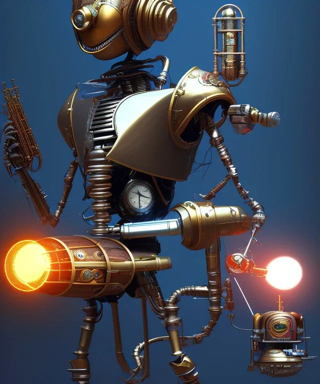 evil mechanoid person playing jazz with a steampunk theme, realistic