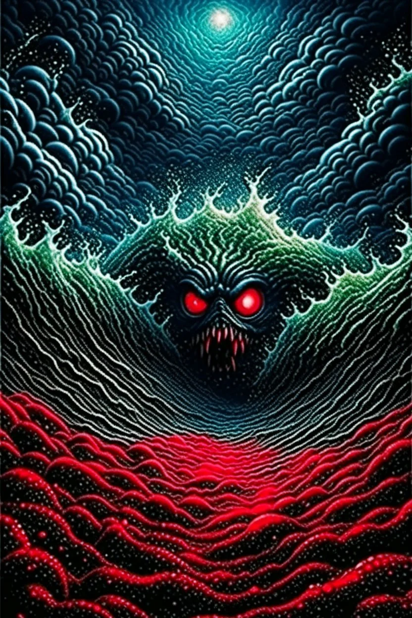 Fantasy art: one high evil water wave with evil red scary eyes is rolling toward us