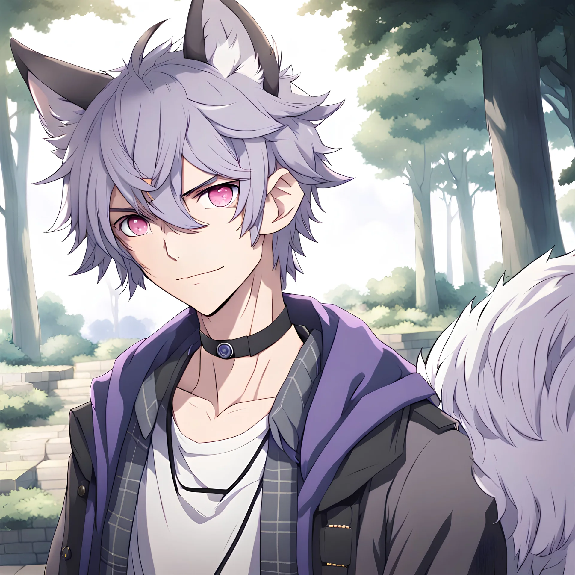 An anime, casual, gray-haired, and lilac-eyed male character with wolf ears and a feline tail