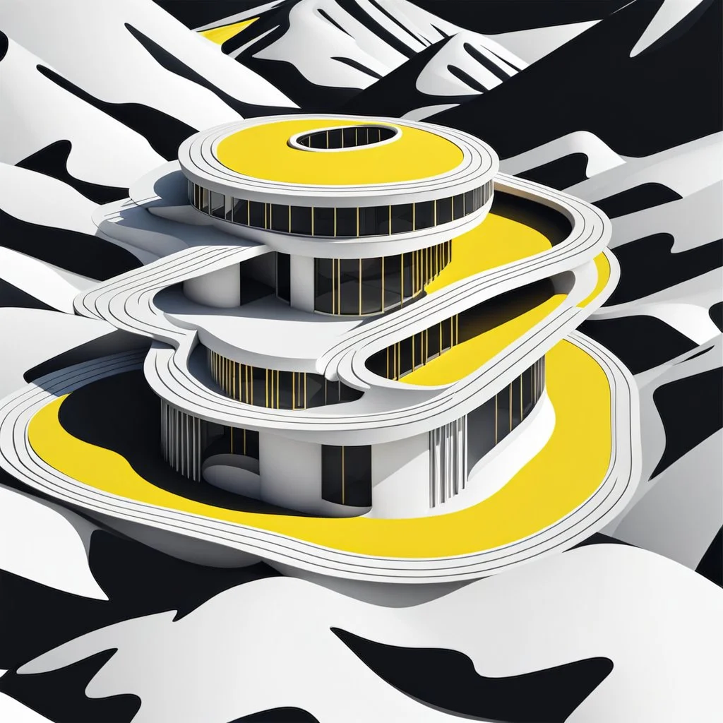 Ilustración minimalista de una casa campestre estilo Zaha Hadid forma ovalada en las montañas arte nouveau neón lineal color negro blanco y amarillo calidad ultra fondo ciudad vista aérea area