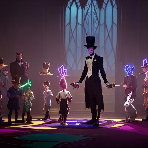 A magician stands in front of a group of children who sit in front of him on a mat on the floor and pulls out a rabbit from a top hat, the children look open-mouthed and wide-eyed and clap their hands, in the background a parrot stands on a pole and observes what is happening