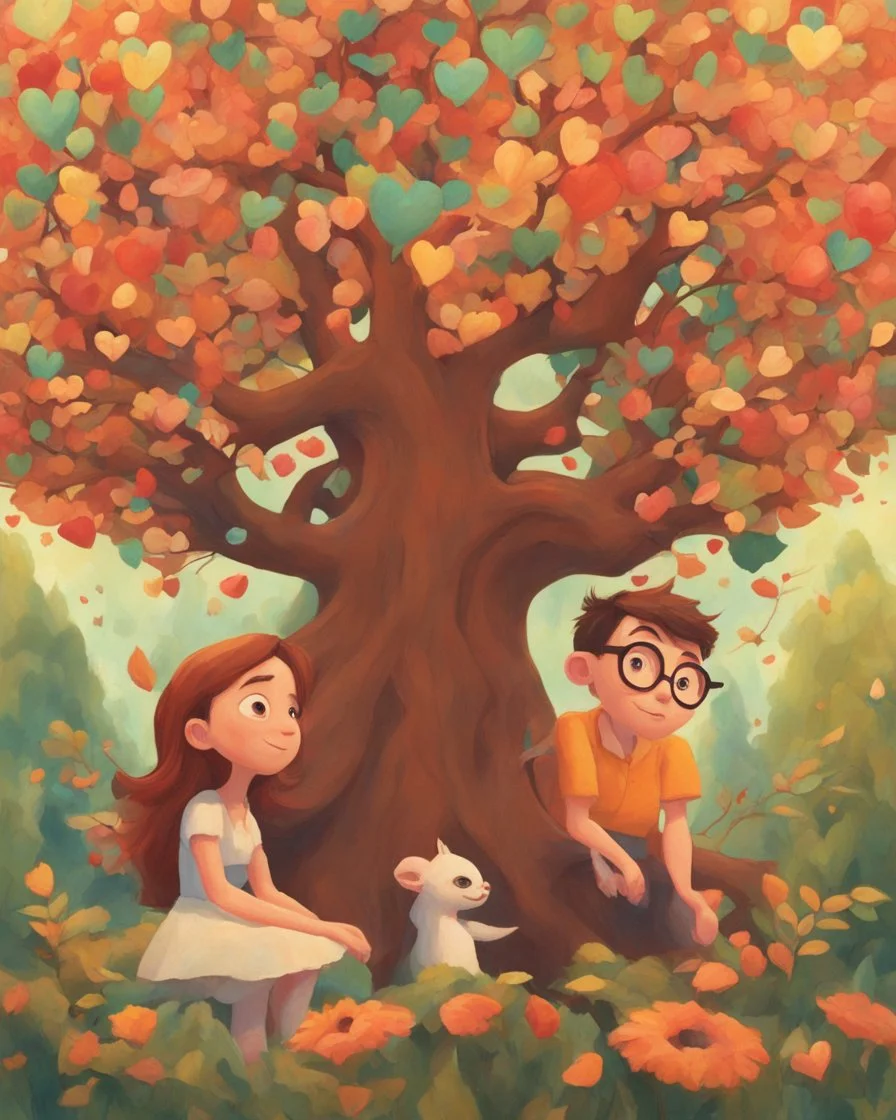 Love grows in me like a tree, portrayed in a Pixar 3D art form. Inspired by the whimsical style of Hayao Miyazaki, envision a lush, enchanted forest where heart-shaped leaves bloom on intertwining branches. The color palette is vibrant, with warm hues dominating the scene. Characters wear expressions of joy and serenity, illuminated by soft, dappled sunlight filtering through the foliage. The atmosphere exudes a magical and harmonious love