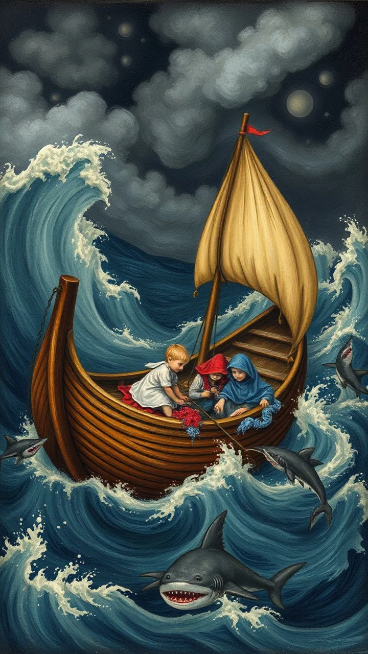 Hieronymus Bosch style , a boat in it children surrounded by few sharks in stormy wether and high waves