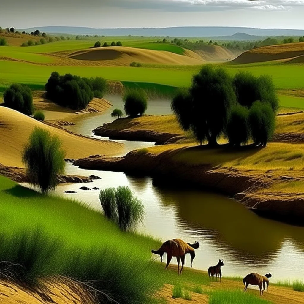 Farm land, river, farming, camel