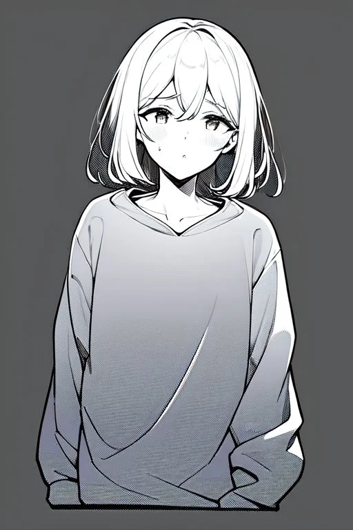 thoughtful girl in a loose sweatshirt, line arts, greyscale,