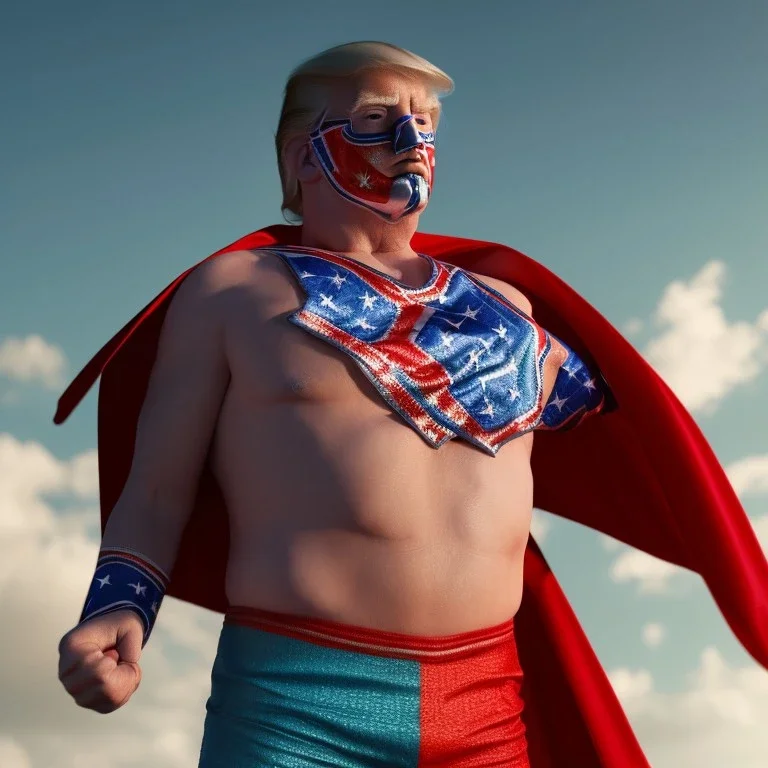 realistic image of donald trump as a mexican wrestling fighter posing outdoors, Mexican eyes wrestling mask, red and blue breeches, confederate flag cape, retro style, 80s, vibrant color, highly detailed, sky background, concept art, unreal engine 5, god rays, ray tracing, RTX, lumen lighting, ultra detail, volumetric lighting, 3d, finely drawn, high definition, high resolution.