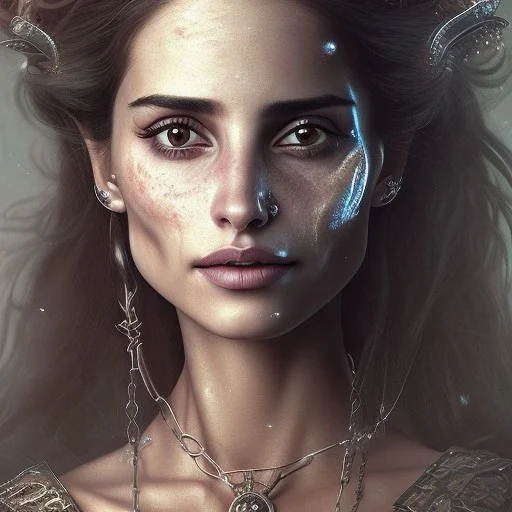 best quality, realistic lighting, masterpiece portrait of Penelope Cruz from pirates of the Caribbean, details, light dusting of freckles, shot from above, simple chain hauberk, warhammerVector art matte painting digital illustration 3D shading CryEngine Behance HD 3Delight