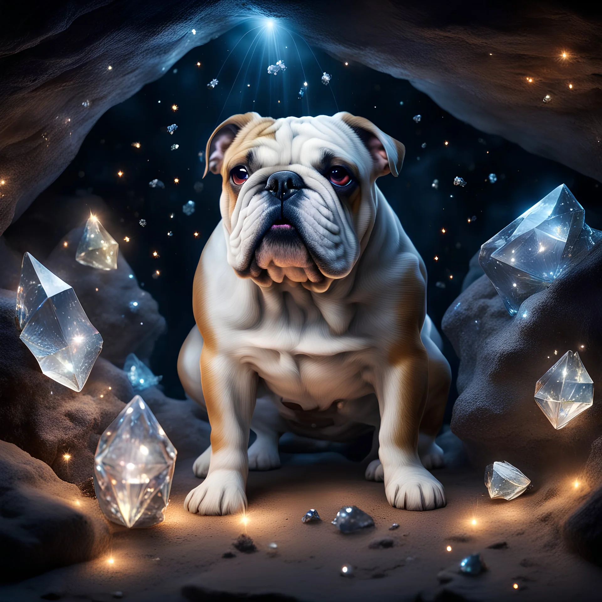 Hyper Realistic bulldog guarding silver crystals with fireflies in a cave at night