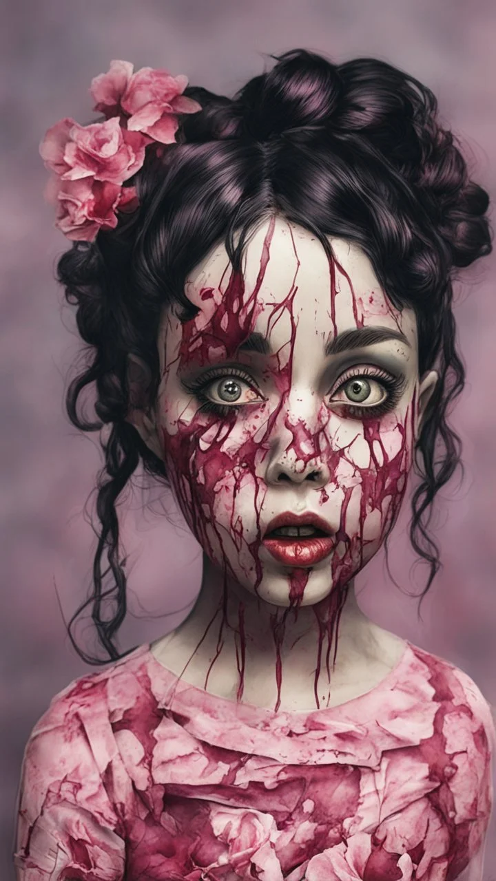 full color, illustration of a darkred and pink tones, menacing, Singer Melanie Martinez face, as a decayed, broken, skin turned translucent, black veins that extended like roots beneath her skin, latex suit, crude homemade cloth doll toy, with a narrow cracked porcelain face, thick dark eyebrows, hair in two gradually, made from ragged strips of cloth, in the style of Alex Pardee, Tim Burton, and Nadya Sheremet