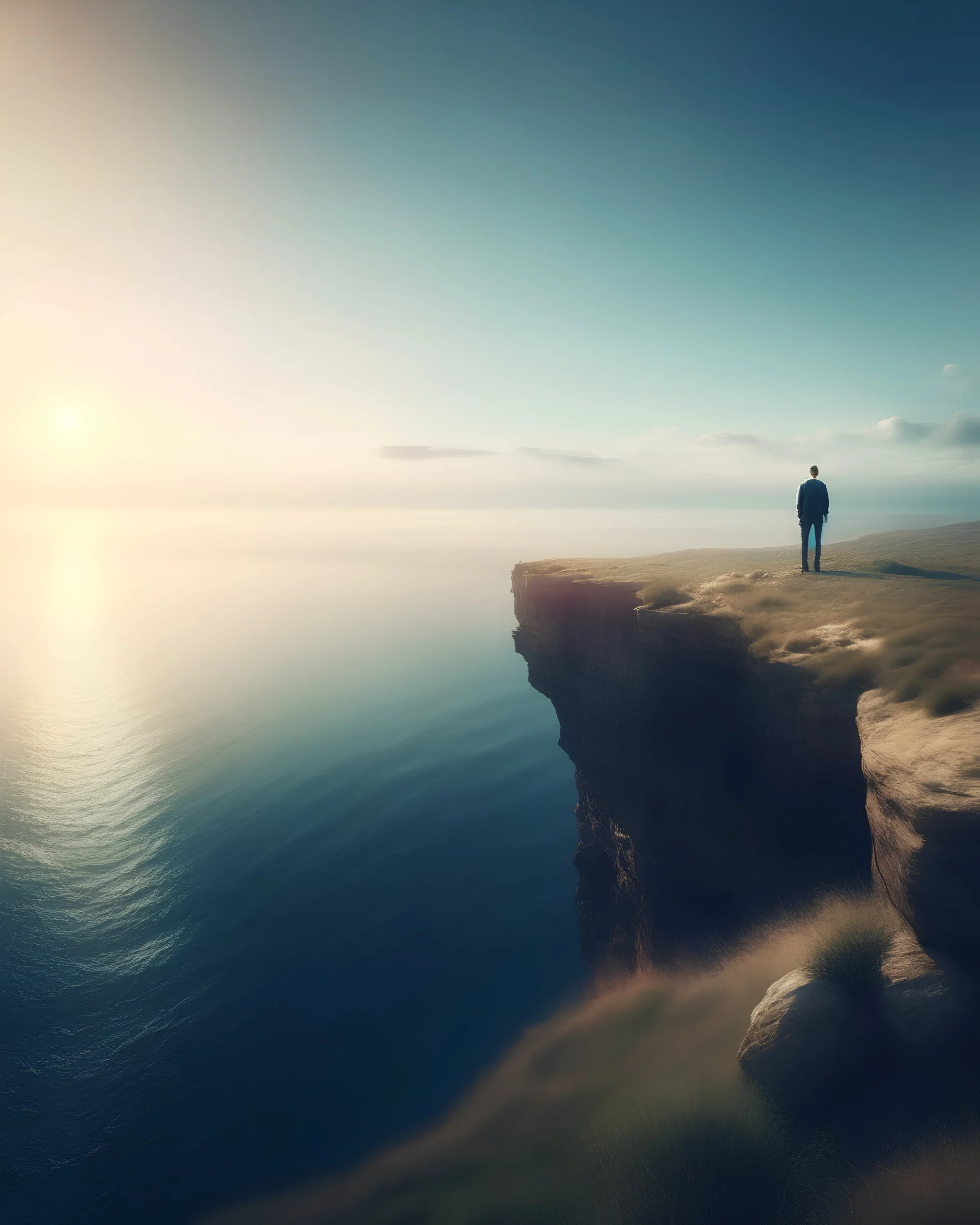 An image of a beautiful nature landscape, with a person standing at the edge of a cliff, looking out into the horizon. This image symbolizes the idea of having a clear vision and setting ambitious goals, motivating individuals to push beyond their comfort zones.