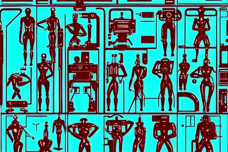 Dark green to cyan metal surfaces body paint. partly coverage metallic. Slim bodies and big butts, man and Russian military girls marching. Old-fashioned cameras integrated to heads. structure Cyber-punk. Attached telephones. Dystopia perfect body. Red&blue 3D-tiling. Dystopia. Partly symmetrical in relation to machines. Perfect golden ratio in vertical and horizontal directions. Bending time-space-continuum. Polyhedron in 5th dimension Tessellation in 4-dimension elongated frog finge