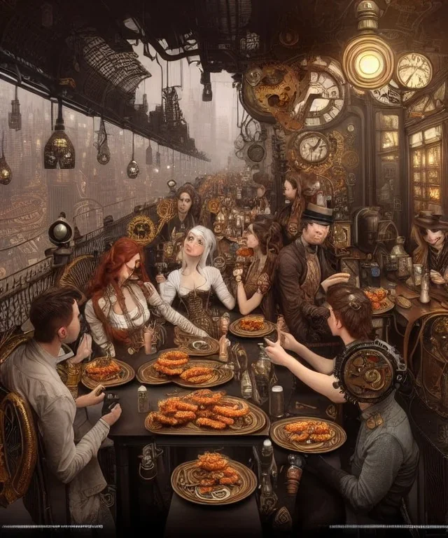 an intricately detailed digital illustration of a steampunk metropolitan city - scape inside of a steampunk double bacon cheeseburger, ultra realistic, concept art, intricate details, eerie, highly detailed, photorealistic, octane render, 8k, unreal engine. art by artgerm and greg rutkowski and charlie bowater and magali villeneuve and alphonse mucha