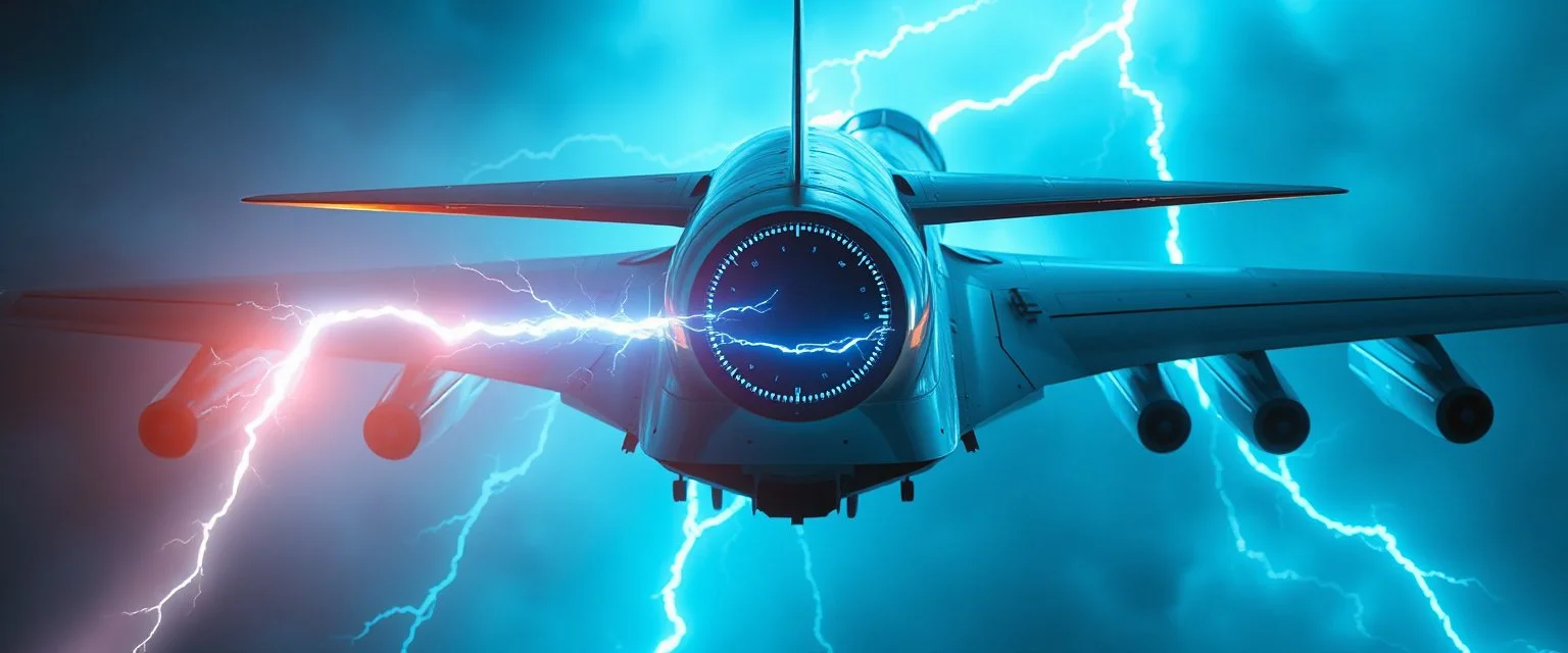 pinhole cam, airbrush 3d rendering,,A futuristic airplane seen from the side. A glowing transparent lightning tube is mounted horizontally across the rear of the aircraft, perpendicular to the fuselage, like a crosswise energy reactor. Blue-white lightning inside the tube. Cinematic, realistic, industrial sci-fi.