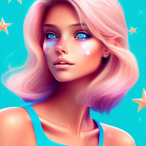  beautiful girl, smiling, longsand blonds hairs,blue eyes , realistic, pink turquoise light and stars