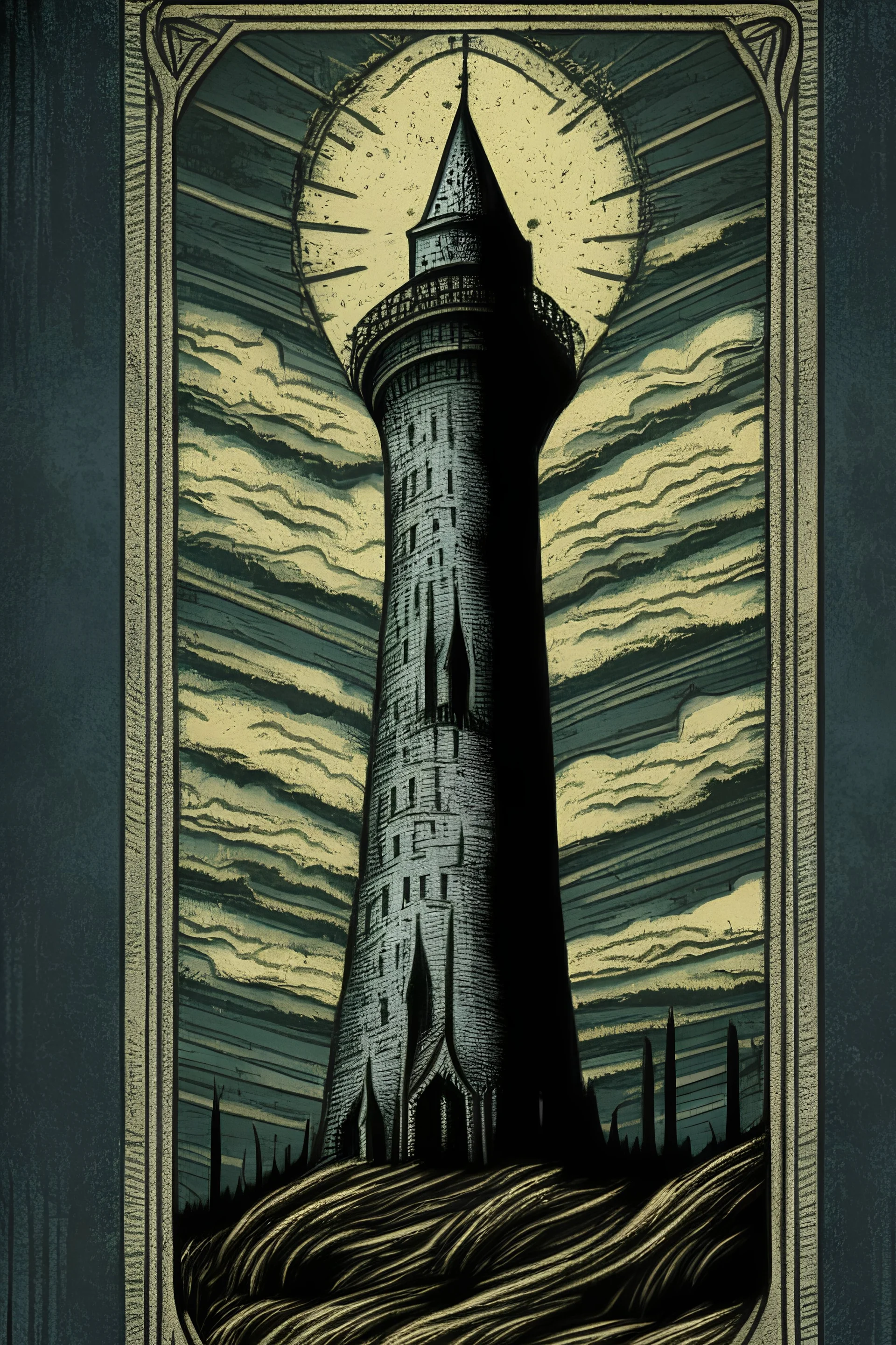 Tarot card of the tower in the art style of junji ito