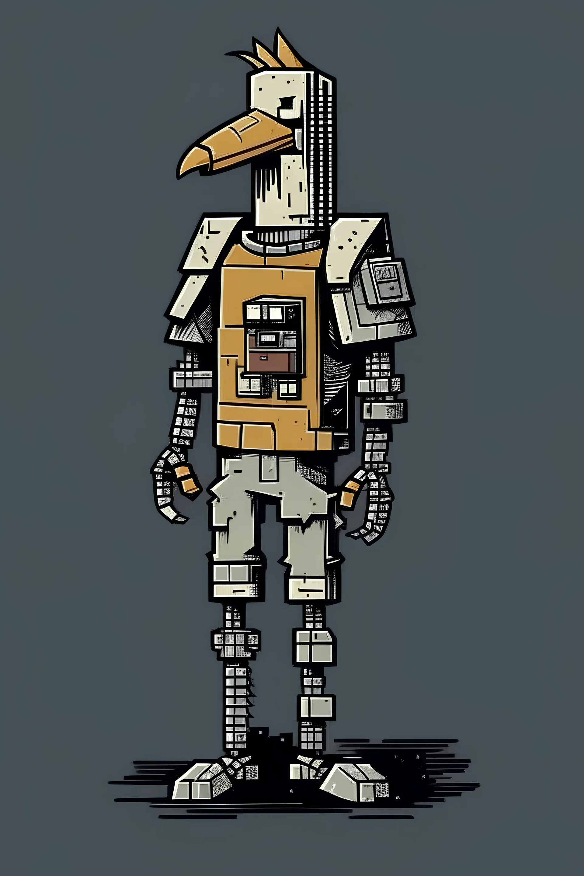 tall robot body with a chickenhead wearing a hoodie, jeans,s and Converse shoes in an 8-bit art style and make it look game of thrones themed