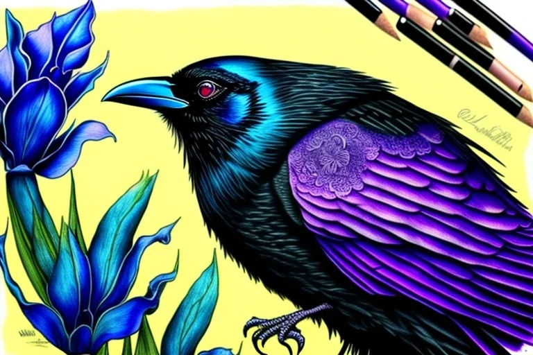 Crow, dressed like a cat, perfect iris, ink and pencil, pastel colours, style Elizabeth Kreitz