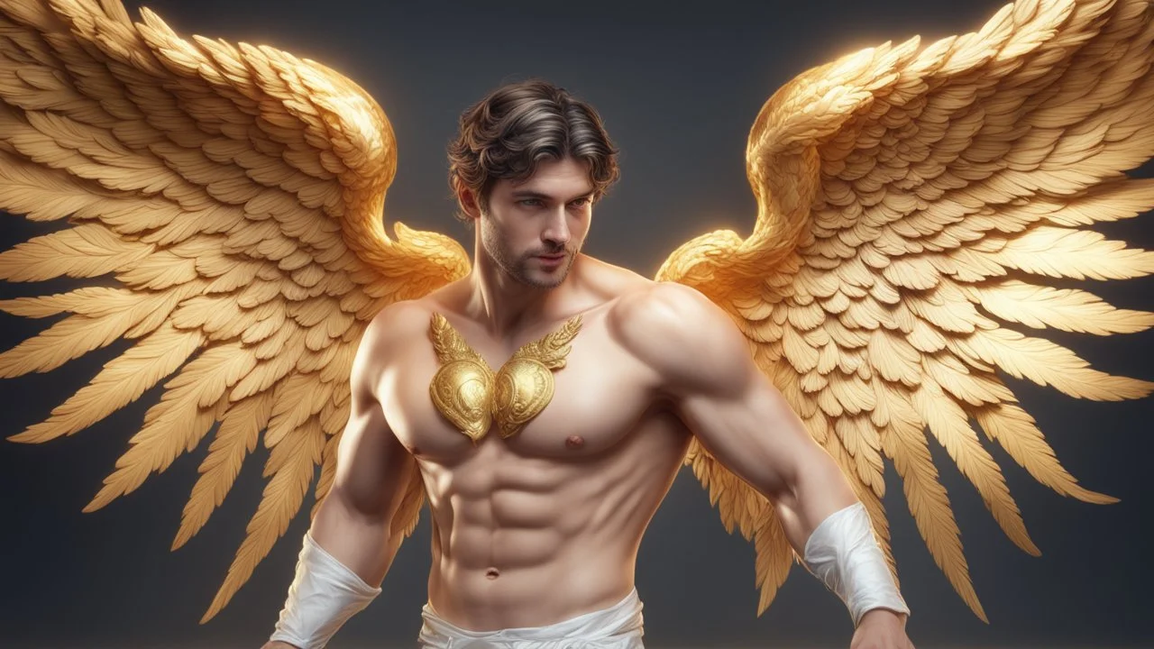 male 35 years old angel, fine rendering, high detail, 8K, bright colors, HD photography, gold, apple