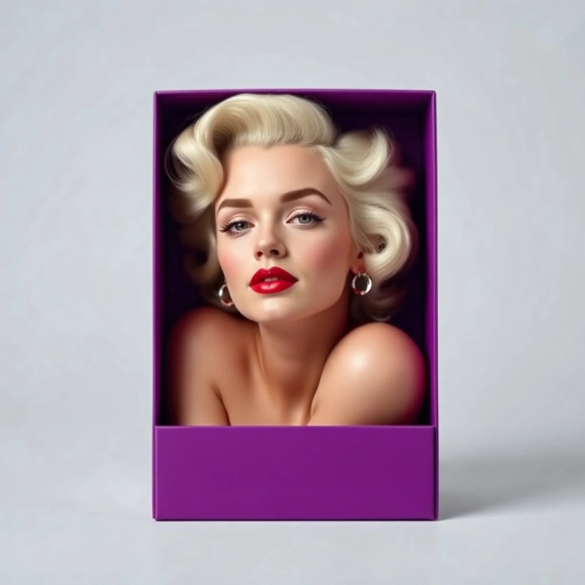 A minimalism of Marilyn monroe in a purple box, featuring a delicate balance of softness and clarity