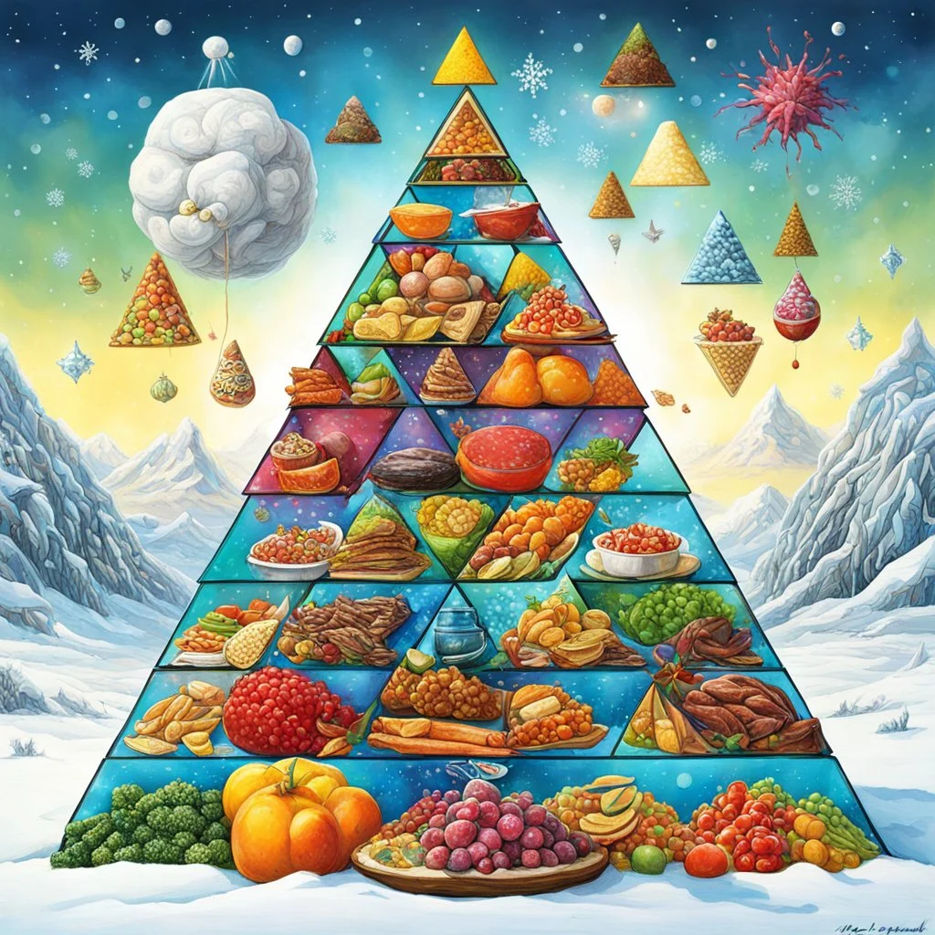 Winter is Coming, ➛, food pyramid, Tanguy, surrealism, colorful.