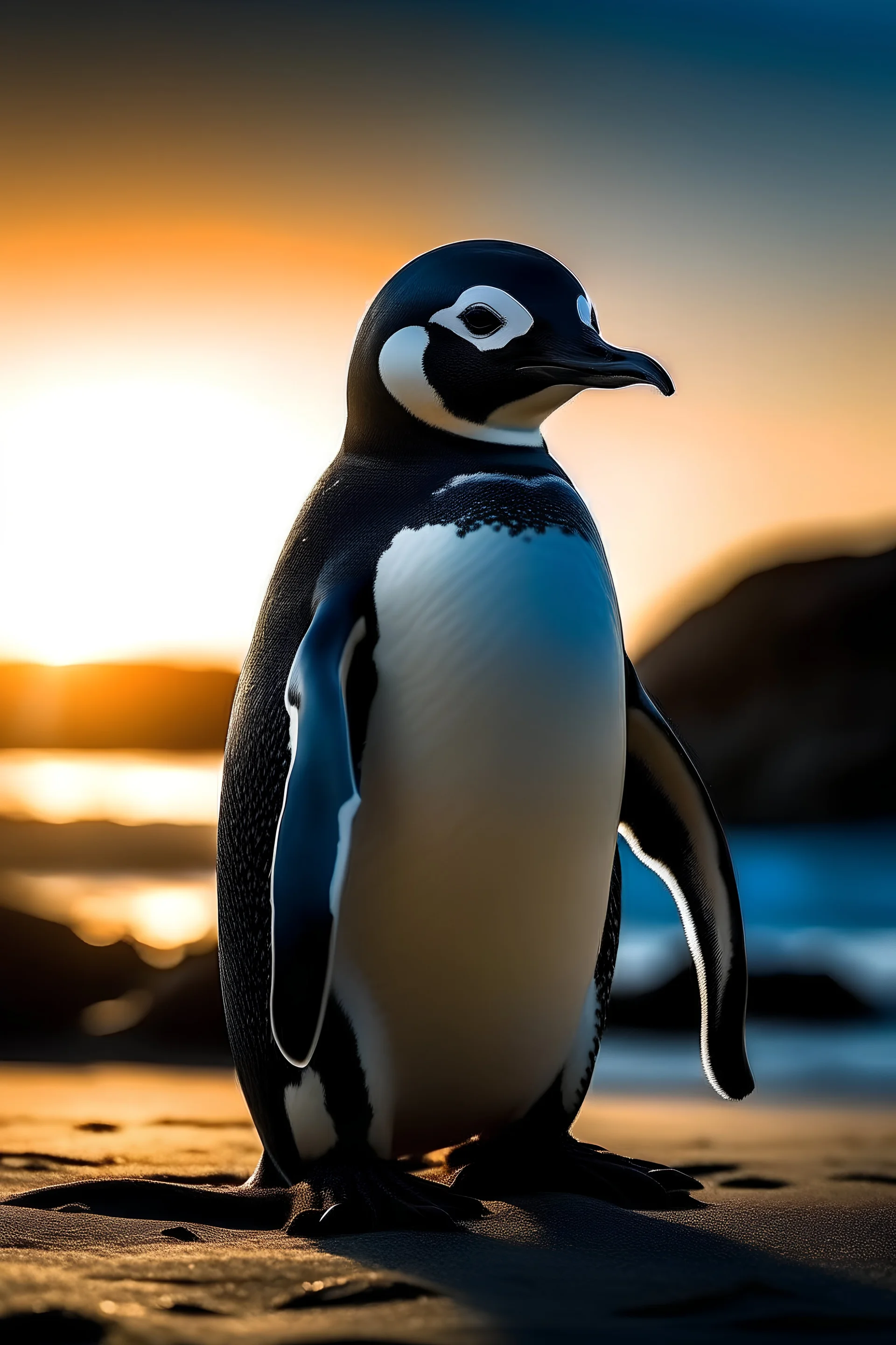 blue black and white penguin looking towards te left front view background is a sunset