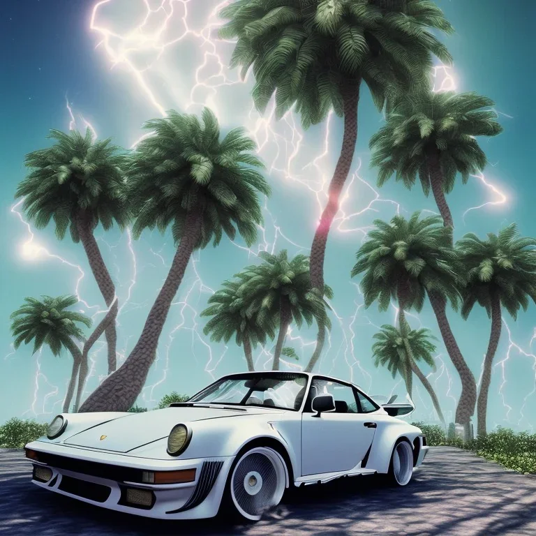 1980's aesthetic vaporwave palm trees and spheres and Porsche with lightning